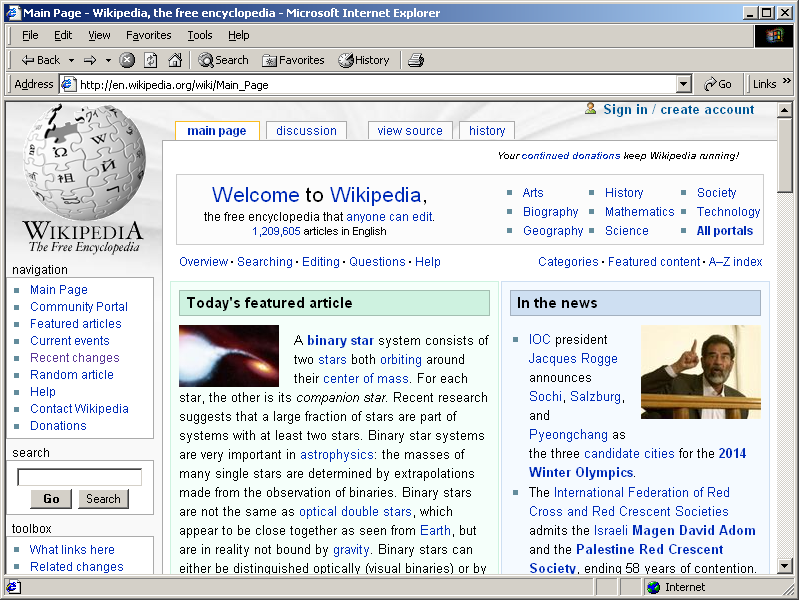 Internet Explorer 5.0 for Windows Showing Wikipedia (1999)